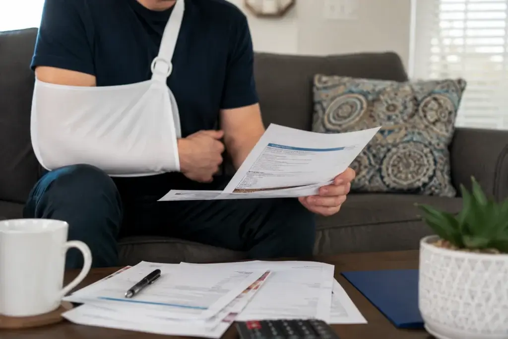 Injured California worker reviewing workers' compensation benefit paperwork