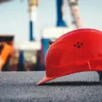 Red hard hat on the ground at a work site, representing a brain injury workers comp claim