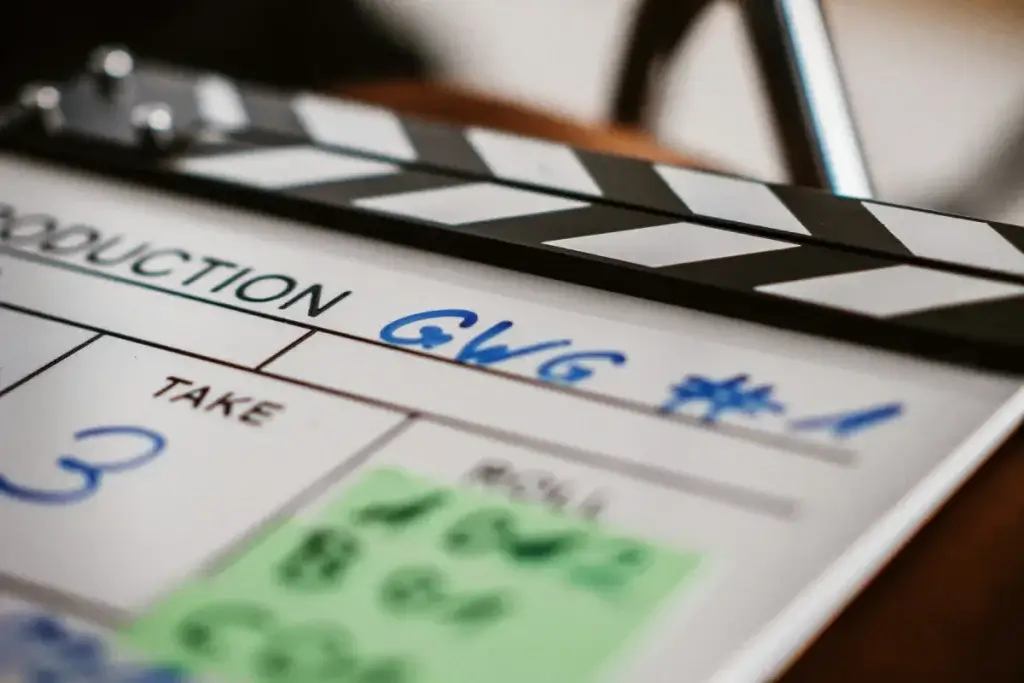 Film production slate on set representing entertainment worker rights in California