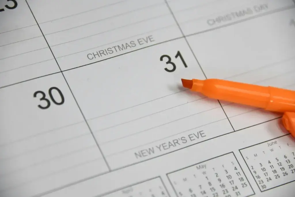Calendar with marked dates for tracking the wrongful termination statute of limitations.