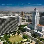 Aerial view of Los Angeles City Hall, where the City sets the Los Angeles minimum wage